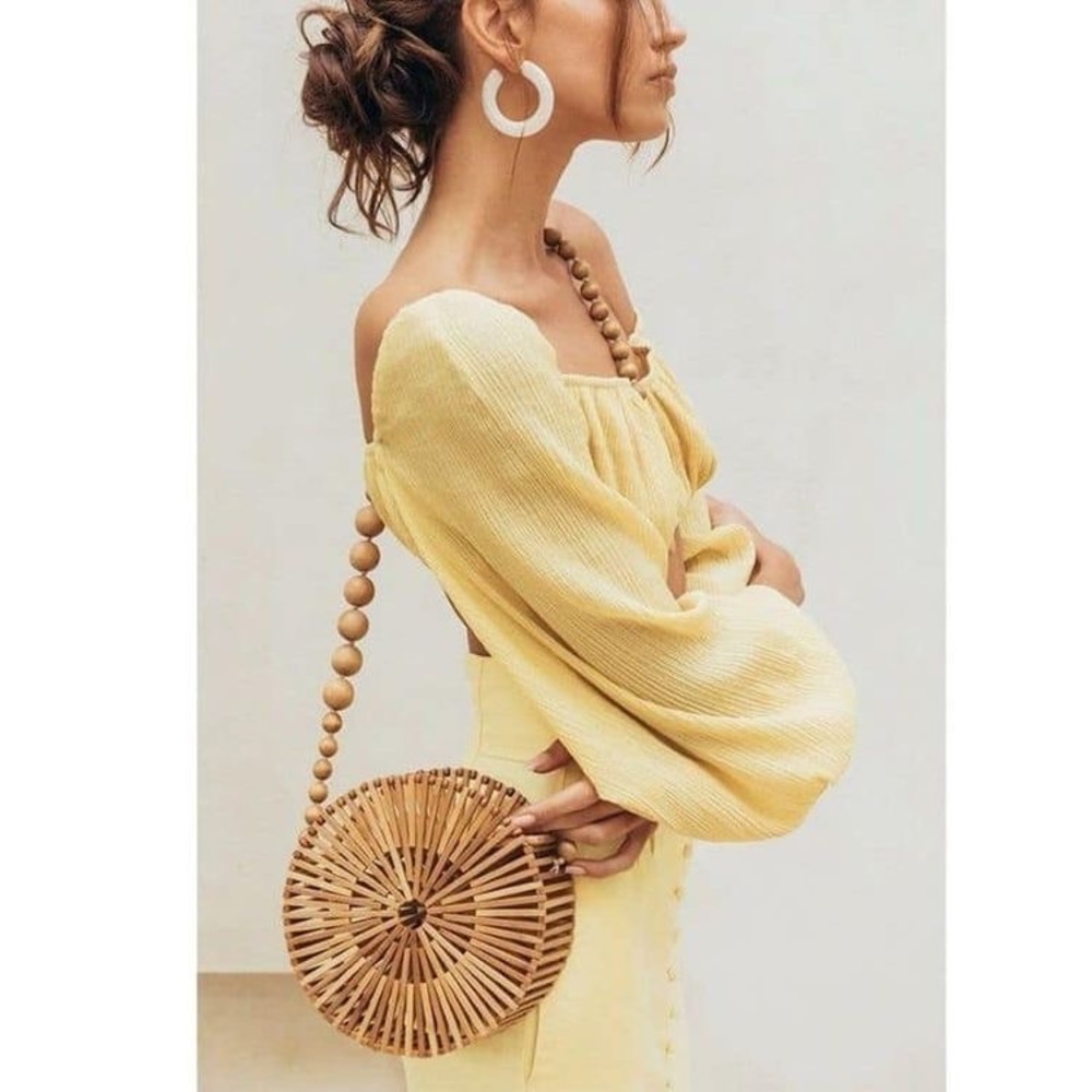 Round Tan Bamboo Crossbody Beach Purse